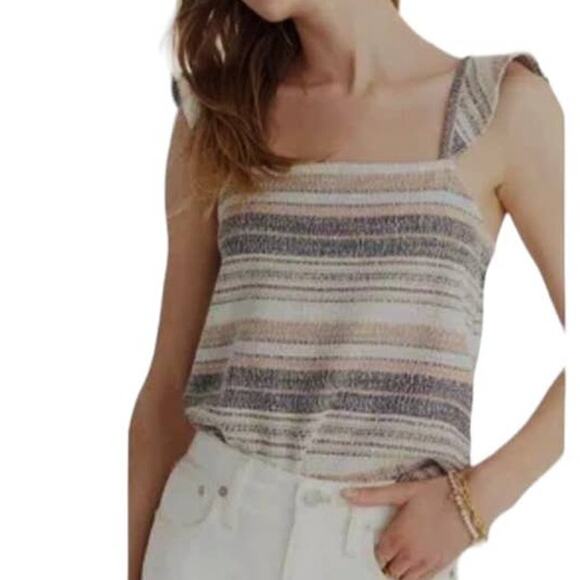 Madewell large striped ruffle cap sleeve textured top TS 4672 - Picture 1 of 7